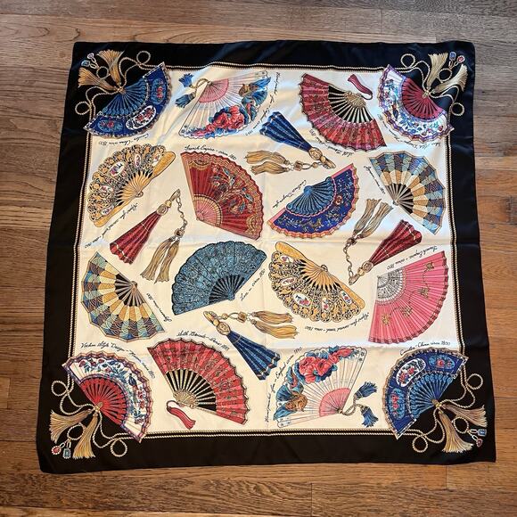 Vintage Avon Fans of the World Scarf 34" Black Gold Pink Blue Shawl Wrap 1970s - Picture 2 of 11